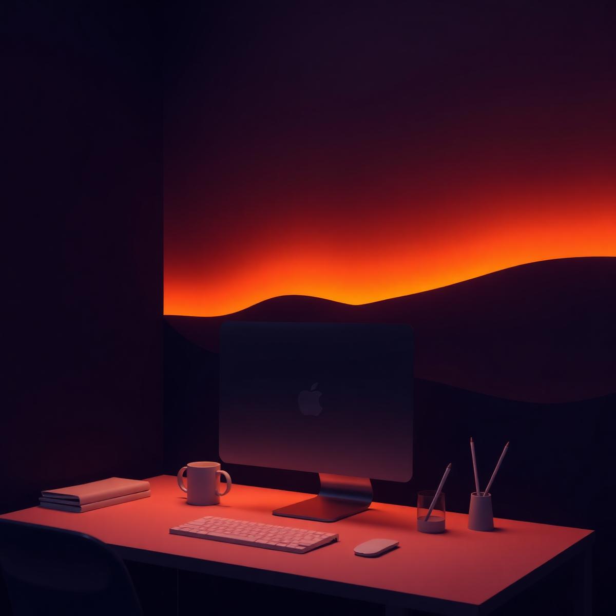 Workspace with a computer lit by a warm sunset glow